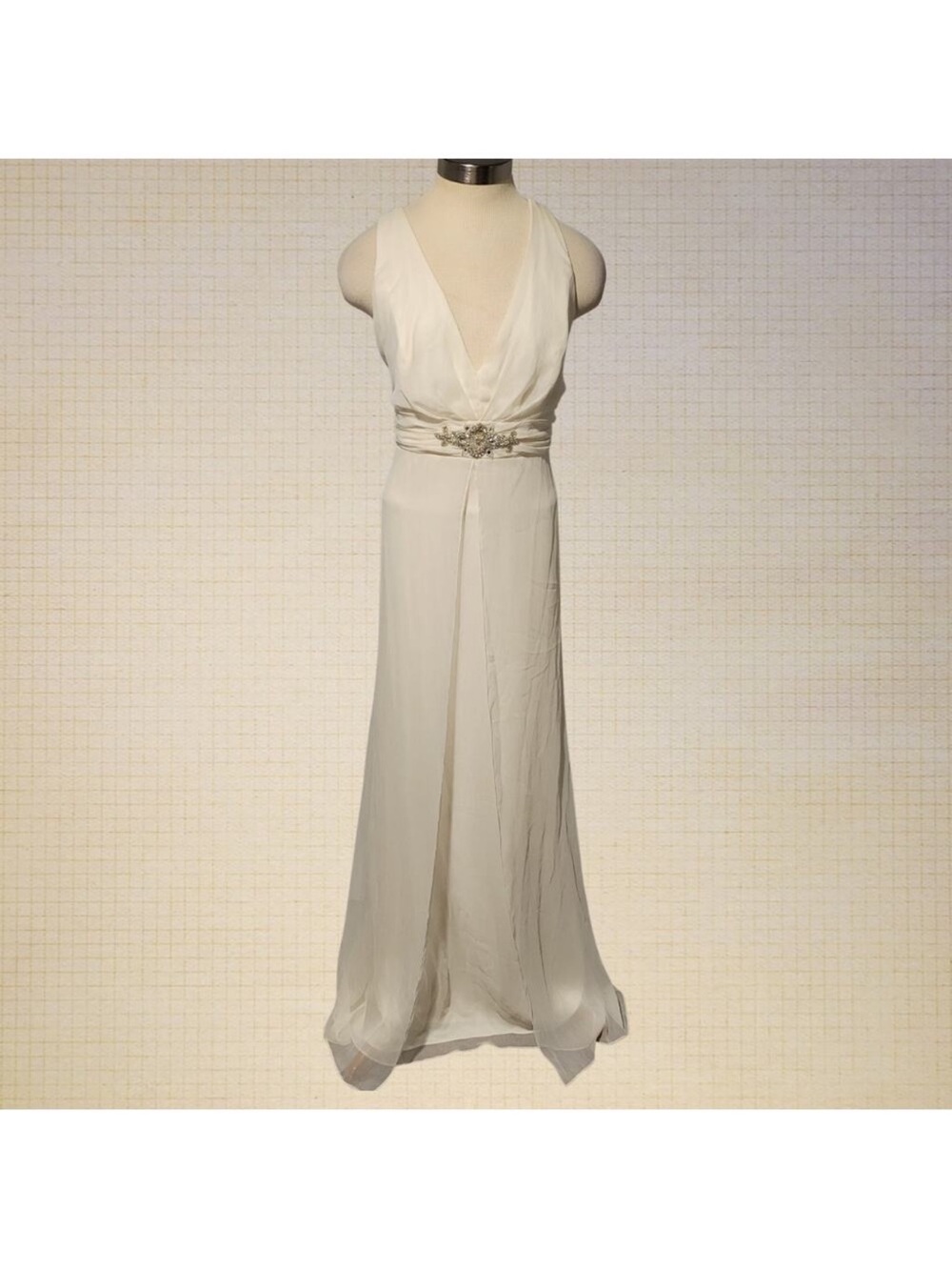 Ivory V-Neck Chiffon Wedding Gown with Embellished Waist. Size 16
